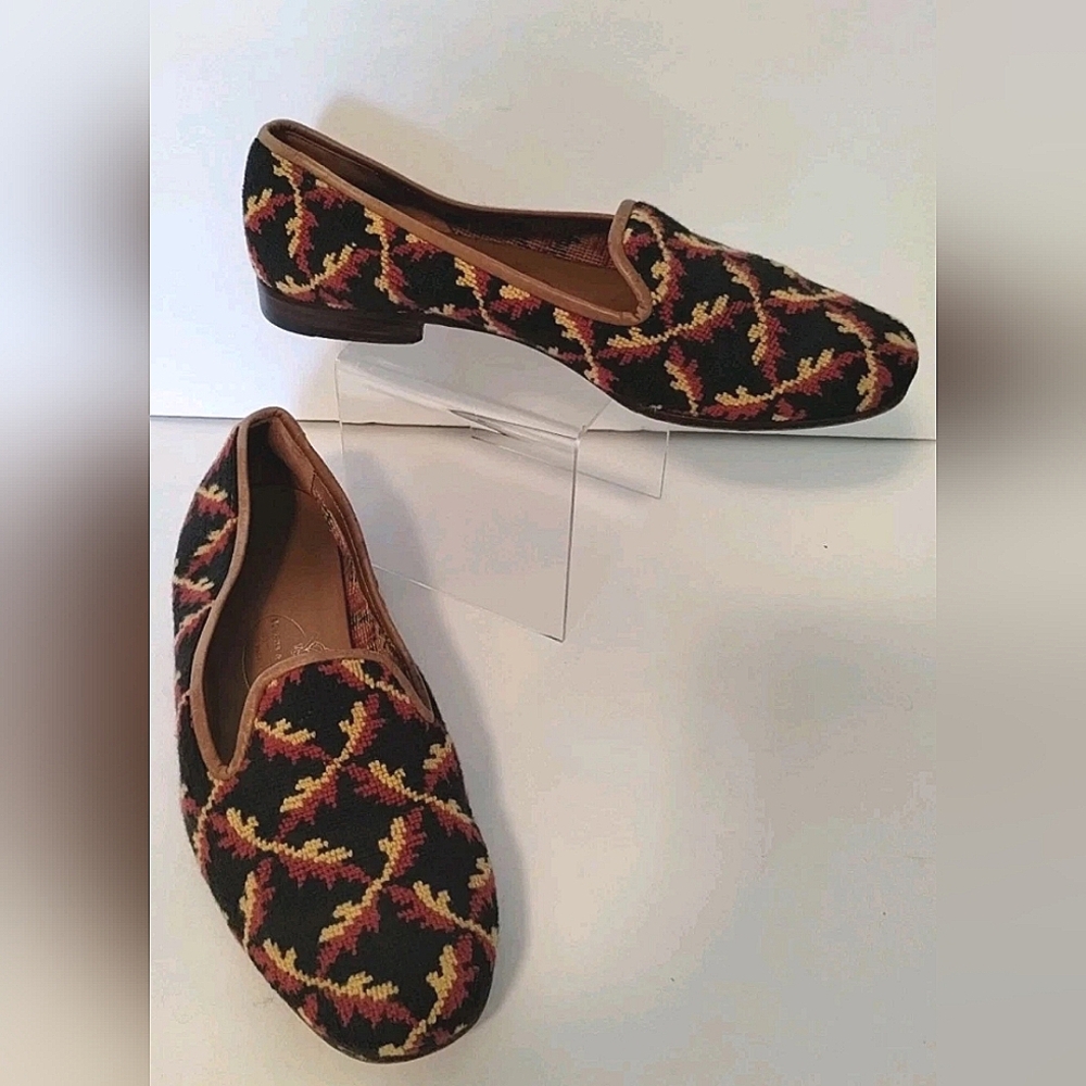 Stubbs & Wooton Black Rust Mustard Brown Needlepoint Flats Shoes Womens Sz 7.5